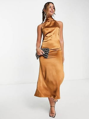 Платье-миди коричневое с американской проймой | 6699413