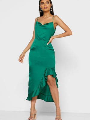 Асиметрична зелена сукня в білизняному стилі з оборкою  | 6699620