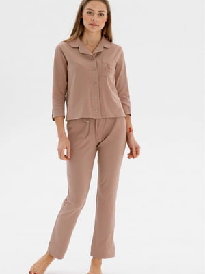 Піжама кольору моко: сорочка з нашивкою на кишені та штани | 6699639