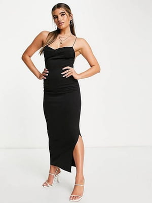 Довга чорна облягаюча сукня з відкритою спинкою і розрізом | 6699743