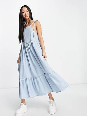Сукня-міді А-силуету блакитна з бретелями-зав'язками | 6699786