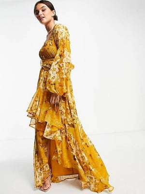Асимметричное свободное платье желтого цвета с цветочным принтом | 6699794