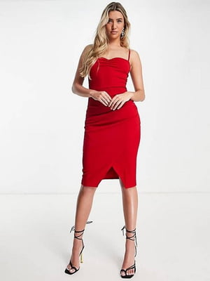 Платье-футляр красное с легкой драпировкой и юбкой “на запах” | 6699884