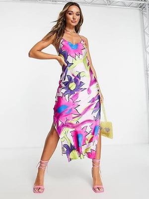 Асимметричное платье в бельевом стиле в разноцветный принт | 6699915