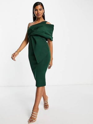 Приталенное зеленое платье на одно плечо оригинального дизайна | 6699986