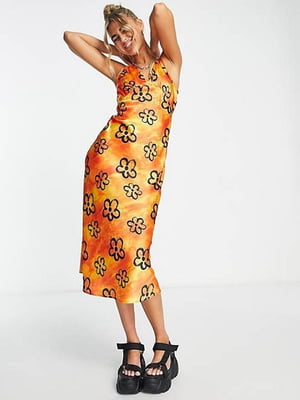 Приталенное платье-миди оранжевое с цветочным принтом | 6700035
