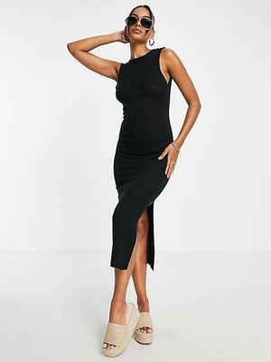 Облегающее черное платье-миди с открытой спинкой | 6700039