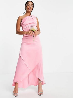 Довга рожева сукня на одне плече, прикрашена драпіруванням | 6700041