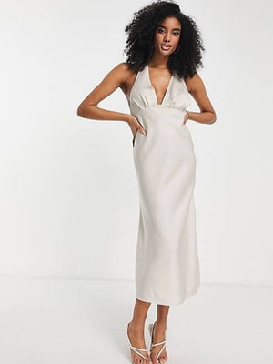 Елегантна сукня-міді в білизняному стилі бежевого кольору | 6700106