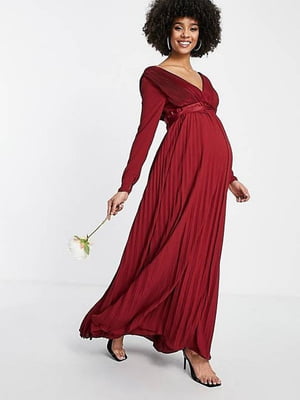 Плиссированное бордовое платье-макси для беременных с поясом | 6700214