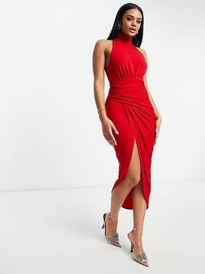 Облегающее ассиметричное платье красного цвета с американской проймой | 6700226