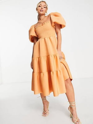 Свободное оранжевое платье-миди с рукавами-буфами | 6700286