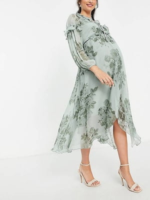 Платье для беременных цвета хаки в цветочный принт с оригинальной спинкой | 6700323
