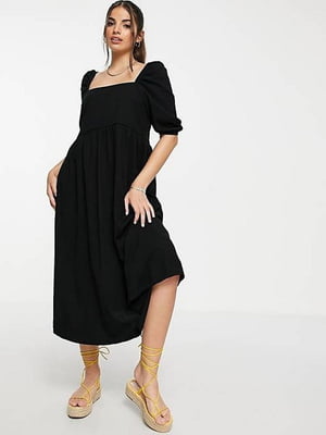 Сукня-міді А-силуету чорна з рукавами-ліхтариками | 6700414