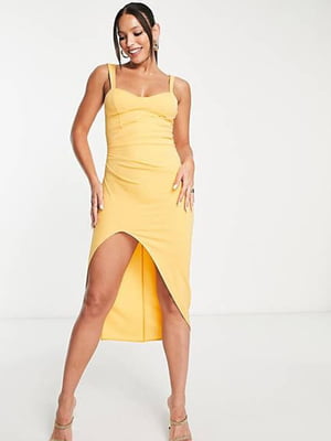 Асимметричное приталенное платье желтого цвета | 6700435
