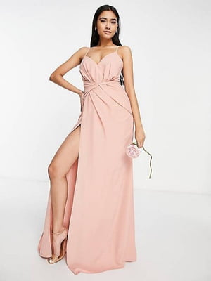 Розовое платье-макси на бретелях с глубоким разрезом | 6700454