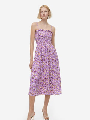 Сукня фіолетова з принтом зі зборками на резинці | 6705137