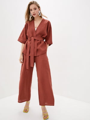 Теракотовий комплект: блуза-кімоно з поясом та широкі штани | 6705477