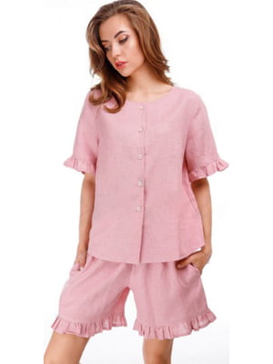 Комплект пудрового кольору з оборками: сорочка та шорти | 6705541