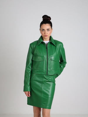 Шкіряний костюм зеленого кольору: курточка і спідниця | 6705848