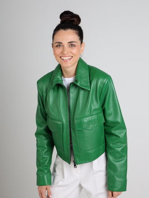 Укорочена шкіряна куртка зеленого кольору | 6705856