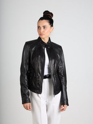 Курточка з натуральної шкіри преміум якості чорного кольору з анімалістичним тисненням | 6705857