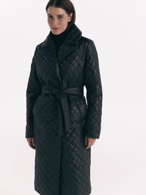 Черное стеганное пальто с поясом | 6706420