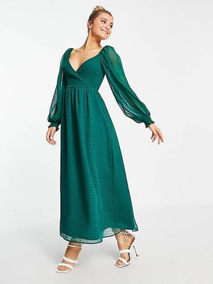 Довга сукня зеленого кольору на запах, декорована мереживом | 6508373