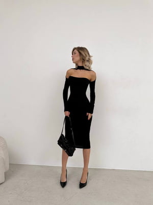 Чорна облягаюча сукня-міді з відкритими плечима | 6702032