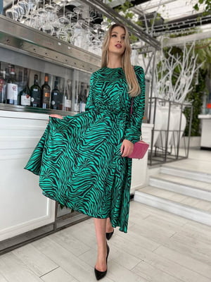 Зелена міді-сукня з поясом в яскравий принт | 6710500