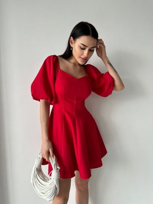 Червона міні-сукня А-силуету з рукавами-ліхтариками і відкритим декольте | 6710512