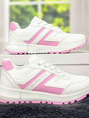 Кросівки із екошкіри білі з рожевими вставками | 6709725