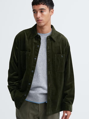 Вельветовая куртка-рубашка на пуговицах темно-зеленая | 6712498