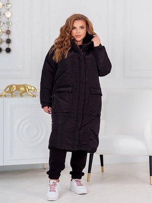 Тепла куртка-пальто з капюшоном чорна | 6712958