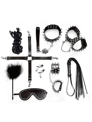 Набір Art of Sex - Spikes BDSM Set Leather, 10 предметів, натуральна шкіра, Чорний | 6719613