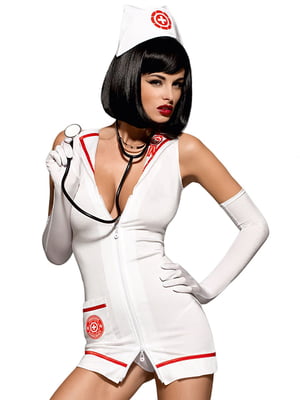 Еротичний костюм медсестри Obsessive Emergency dress S/M, white, сукня, стринги, рукавички, чепчик, | 6719971