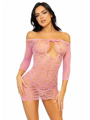 Сукня-сітка з сердечками Leg Avenue Heart net mini dress Pink, зав’язки, відкриті плечі, one size | 6720192