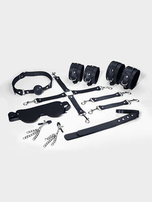 Набір Feral Feelings BDSM Kit 7 Black, наручники, поножі, конектор, маска, падл, кляп, затискачі | 6720473