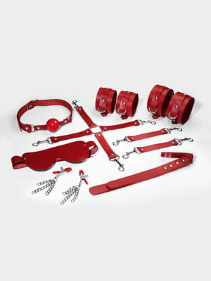 Набір Feral Feelings BDSM Kit 7 Red, наручники, поножі, конектор, маска, падл, кляп, затискачі | 6720474