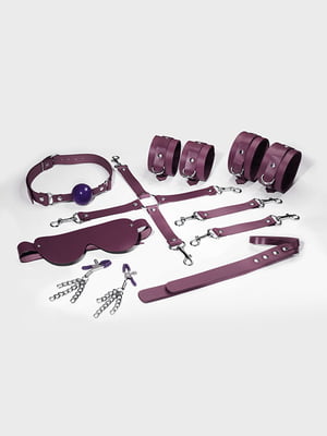 Набір Feral Feelings BDSM Kit 7 Burgundy, наручники, поножі, конектор, маска, падл, кляп, затискачі | 6720475