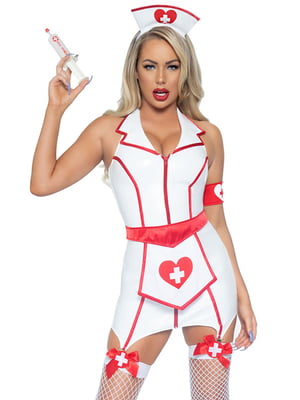 Вініловий костюм медсестри Leg Avenue Vinyl ER Hottie XS, сукня, фартух, манжета, головний убір | 6720667