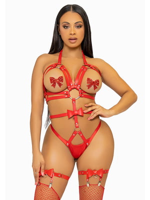 Портупея-тедді з ременів Leg Avenue Studded O-ring harness teddy S Red, екошкіра | 6720678