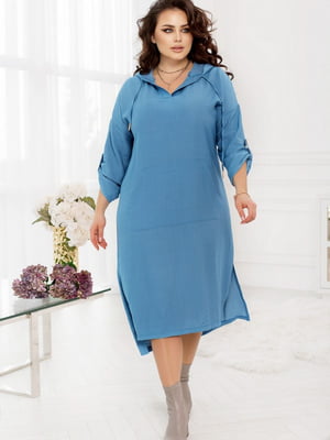 Льняна блакитна сукня-худі з укороченим рукавом на хлястику | 6721807