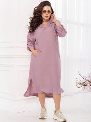 Льняна пудрова сукня-худі з укороченим рукавом на хлястику | 6721810