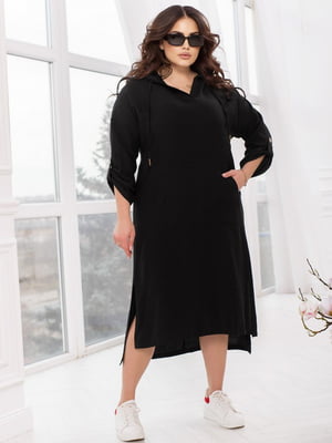 Льняна чорна сукня-худі з укороченим рукавом на хлястику | 6721812