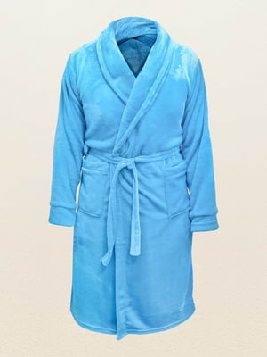 Теплый голубой халат с карманами и поясом | 6721874