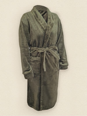 Теплий халат з кишенями та поясом кольору хакі | 6721916