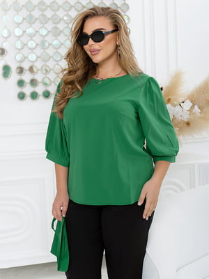 Блуза зелена з повітряними рукавами довжиною 3/4 та поясом | 6722144
