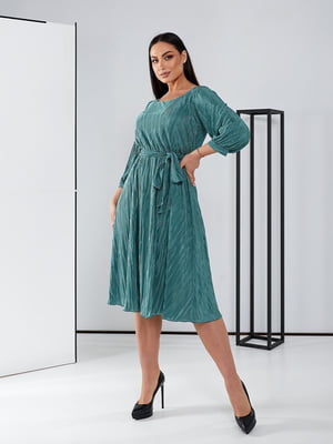 Сукня А-силуету бірюзового кольору зі спідницею-плісе та поясом | 6722330