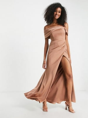 Вечірня коричнева сукня з розрізом | 6509477